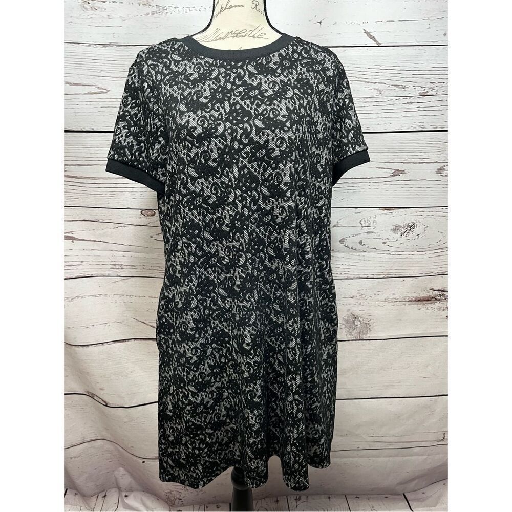 AB Studio Black Lace Overlay Sheath Dress Women's XL Short Sleeve Zipper Back‎